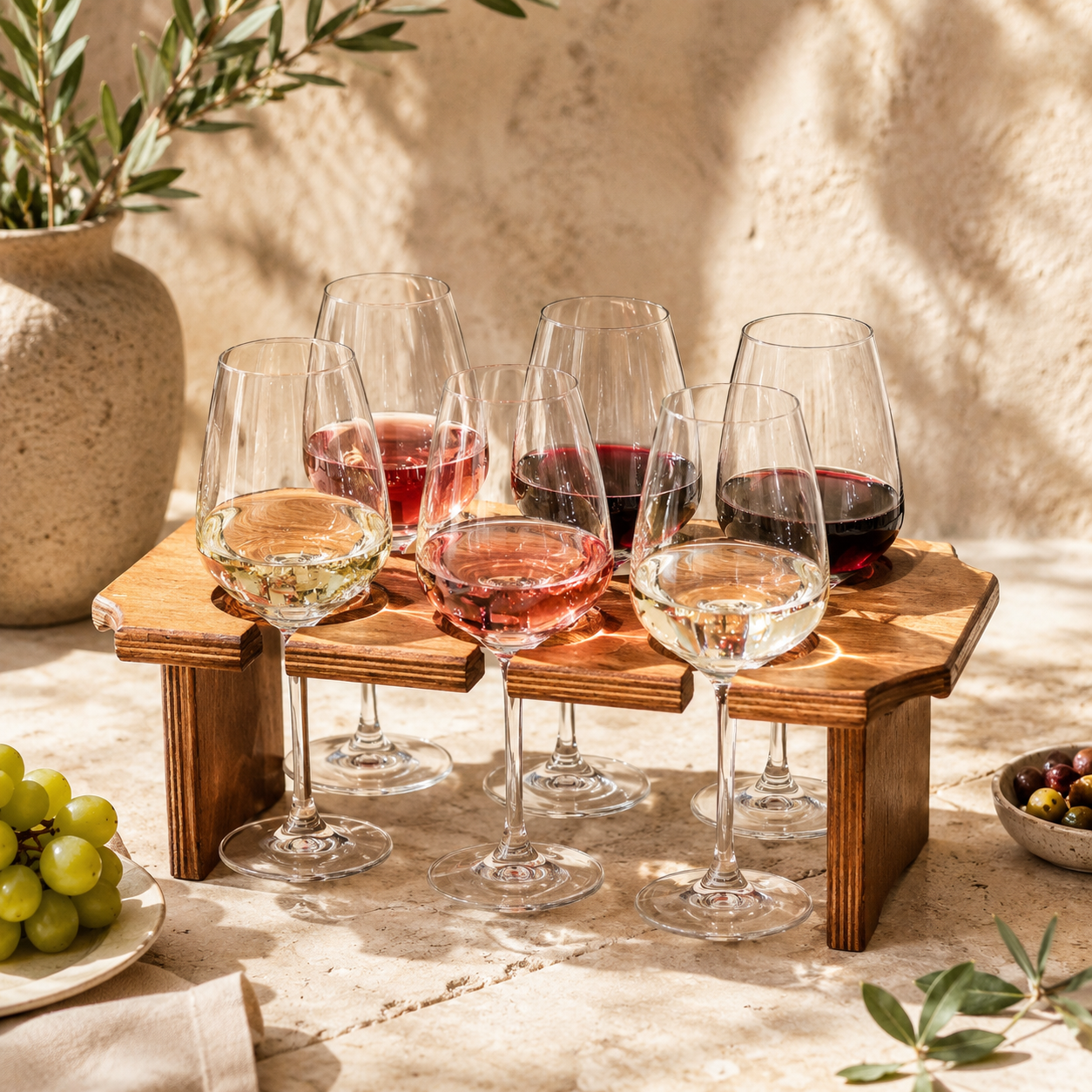 Greek wine flight with assorted glasses of white, rosé and red wine